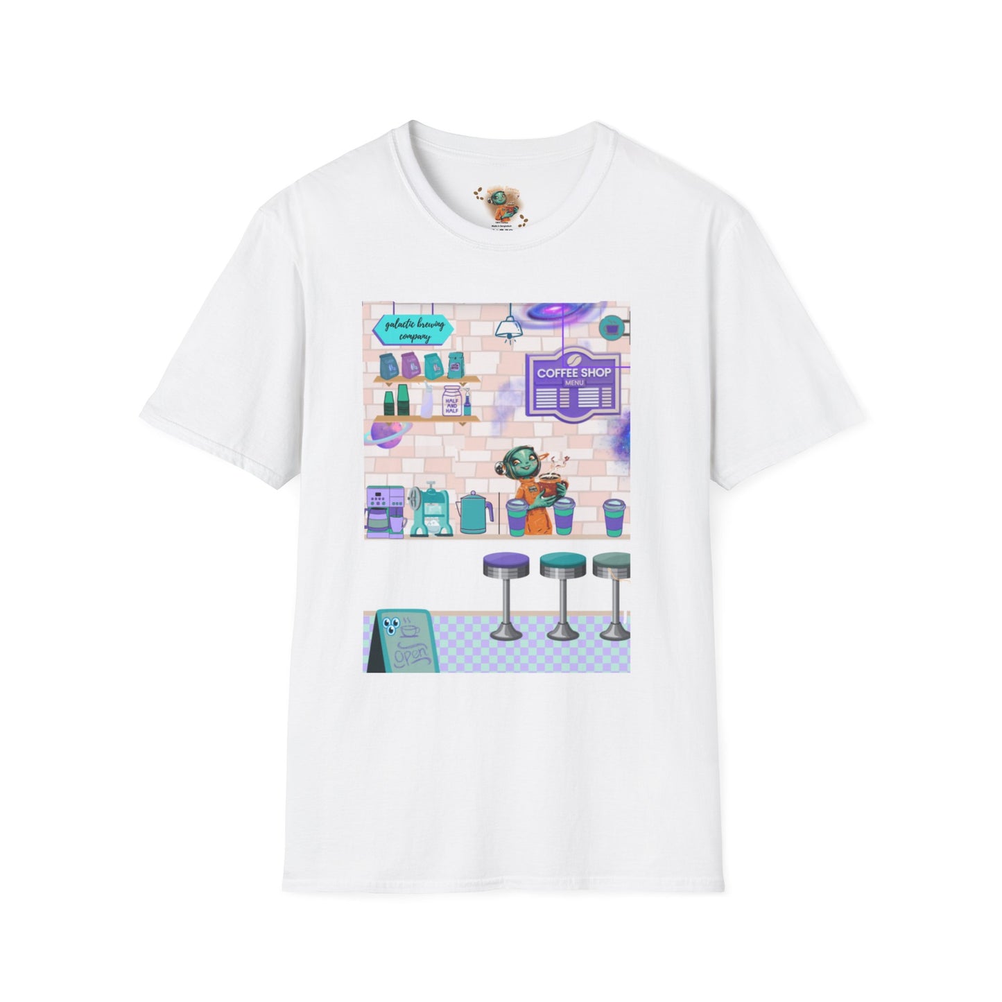 Coffee Shop Menu T-Shirt — Cute Pastel Cafe Design ("cosmic brews" menu)