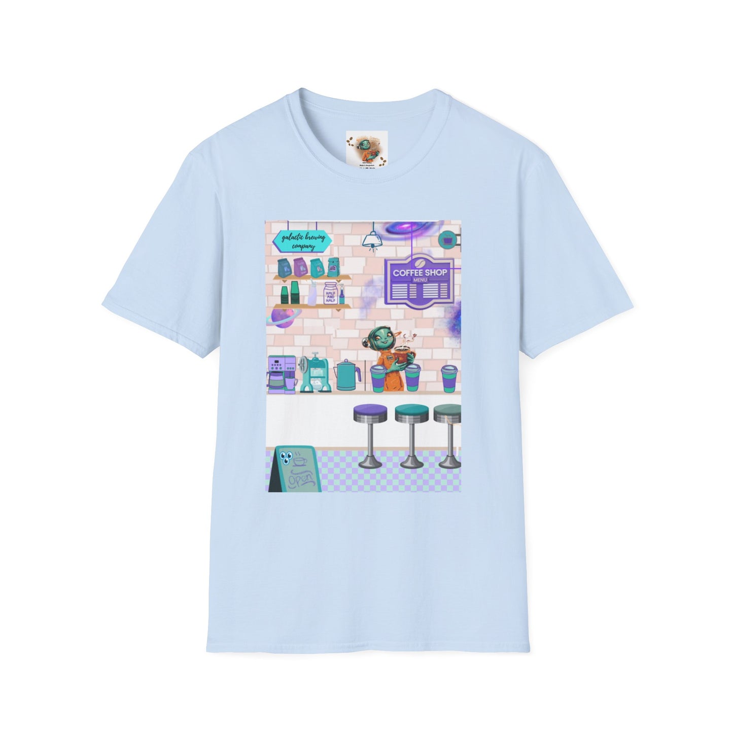 Coffee Shop Menu T-Shirt — Cute Pastel Cafe Design ("cosmic brews" menu)