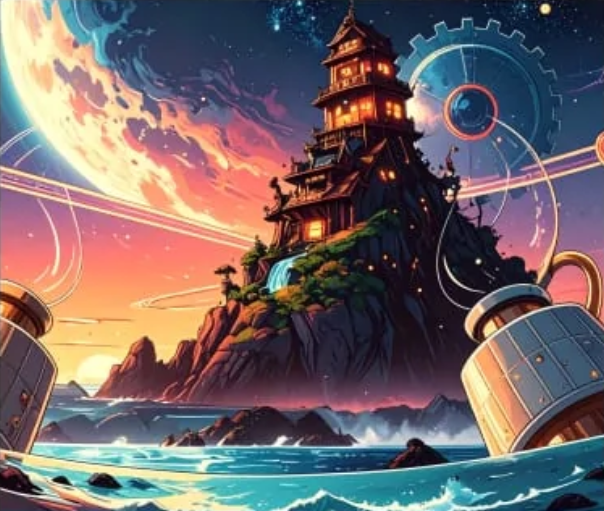 Futuristic island with a tower and gears against a vibrant space-themed sky.