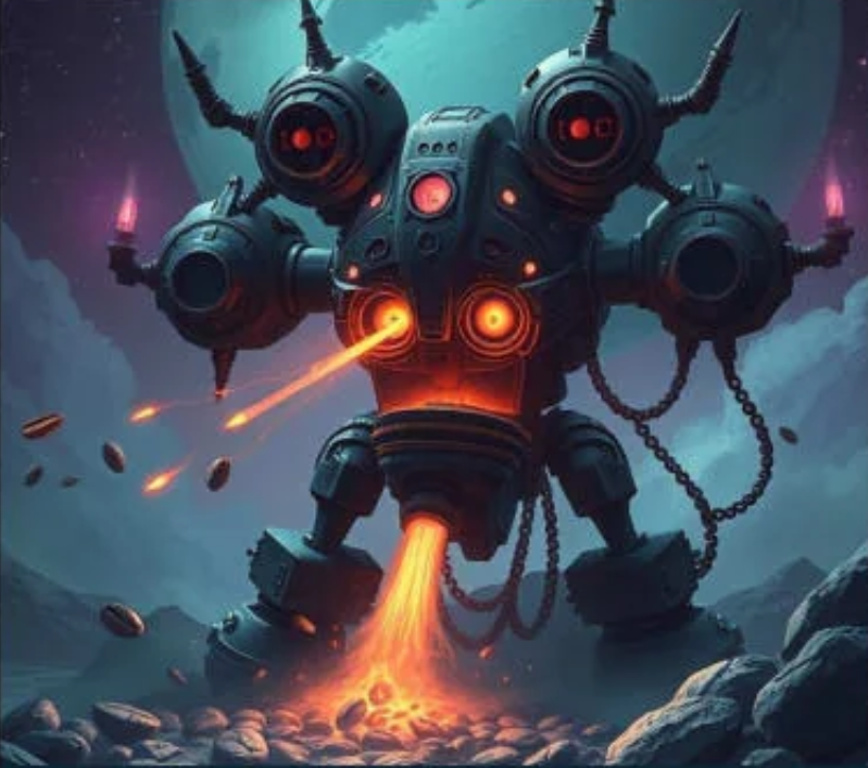 Mechanical creature with glowing eyes and red eyes in a dark, rocky landscape
