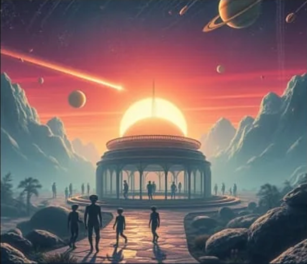 Futuristic temple on a planet with people around, sunset sky, and space elements.