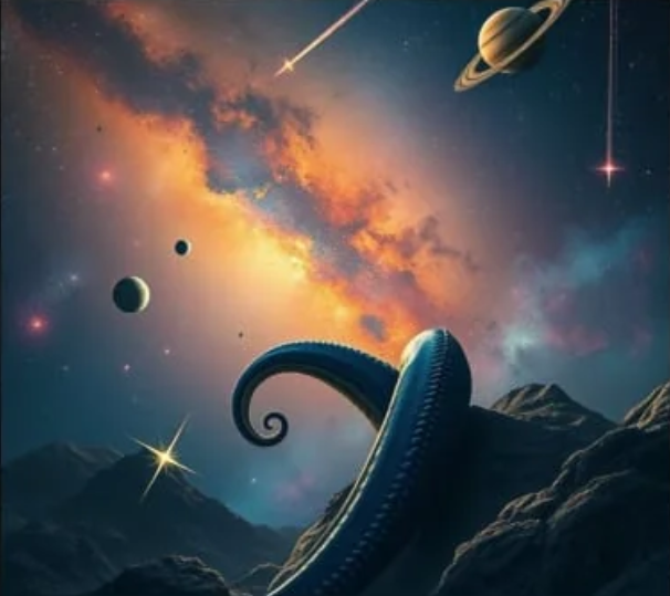 Space scene with planets, stars, and a large tentacle-like creature on a mountain.