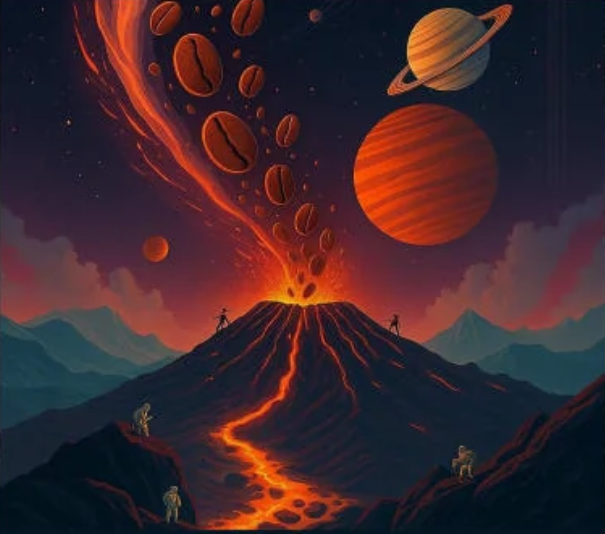 Volcanic landscape with coffee beans and celestial bodies