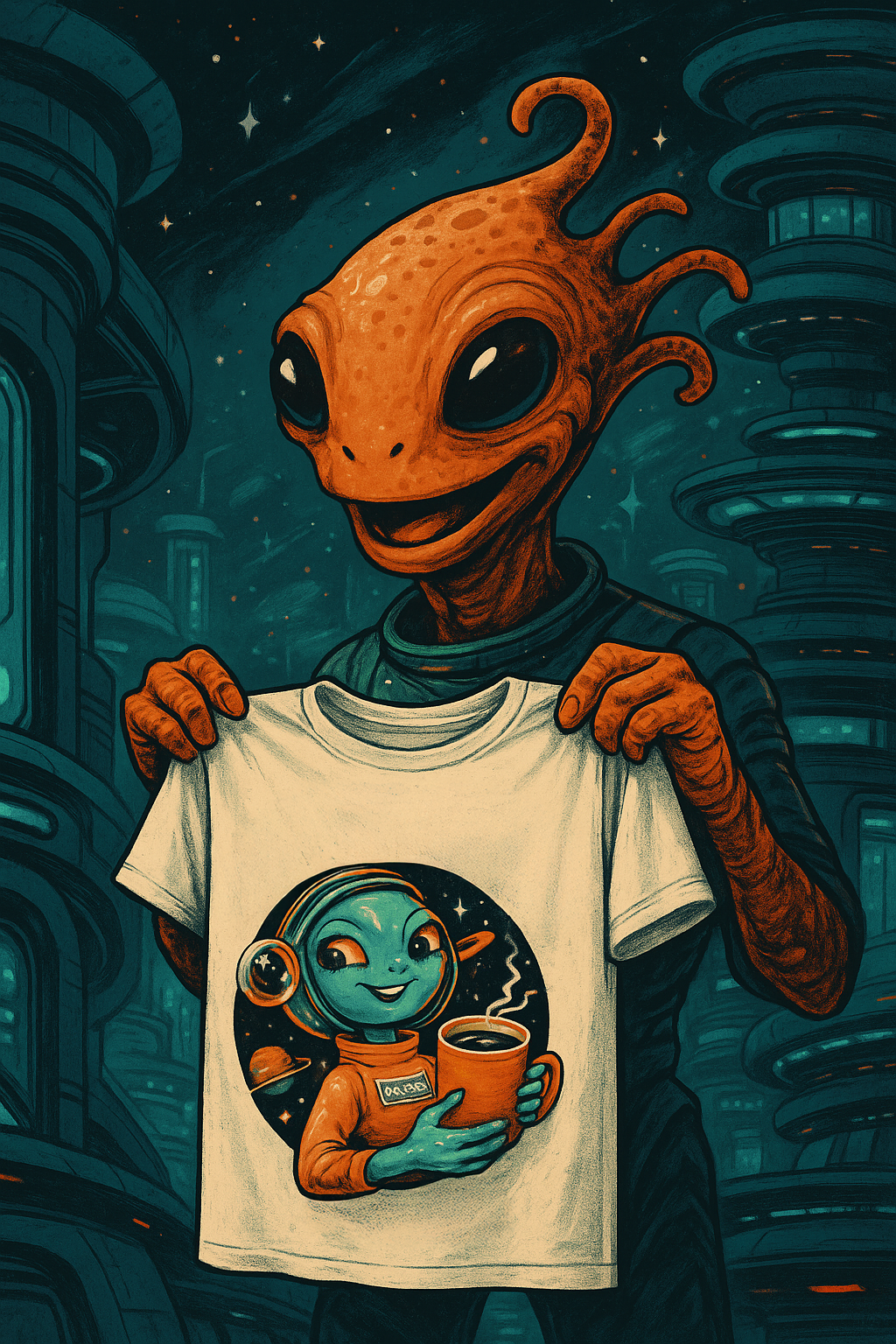Alien character holding a t-shirt with an astronaut design in a futuristic setting
